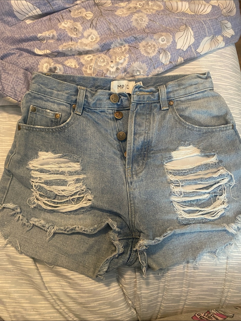 MPD Light Blue High-Rise Distressed Denim Shorts